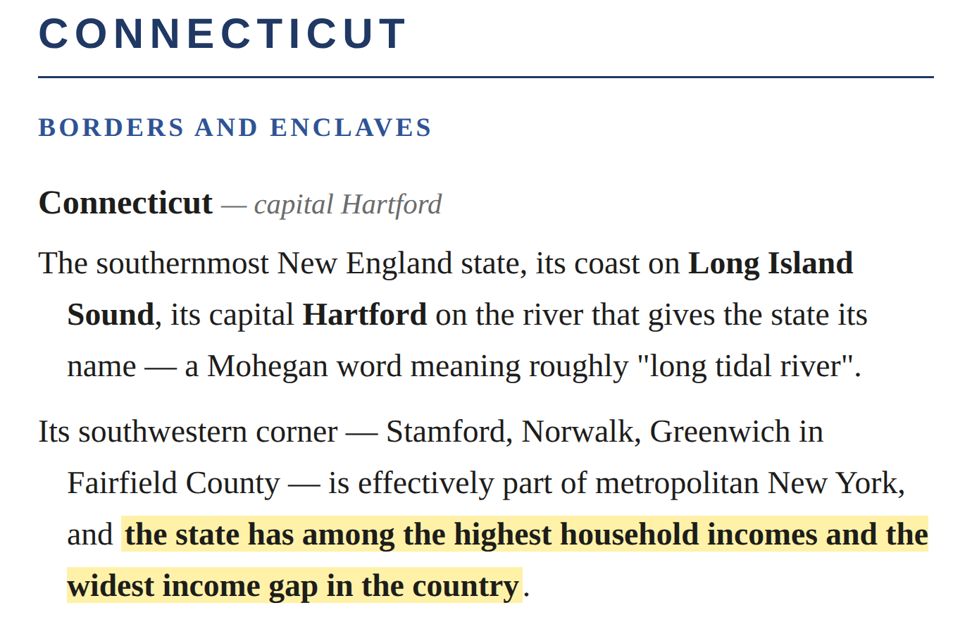 A page of the Geography study guide: Connecticut under New England, its entry ending on a highlighted line about the state's income gap.