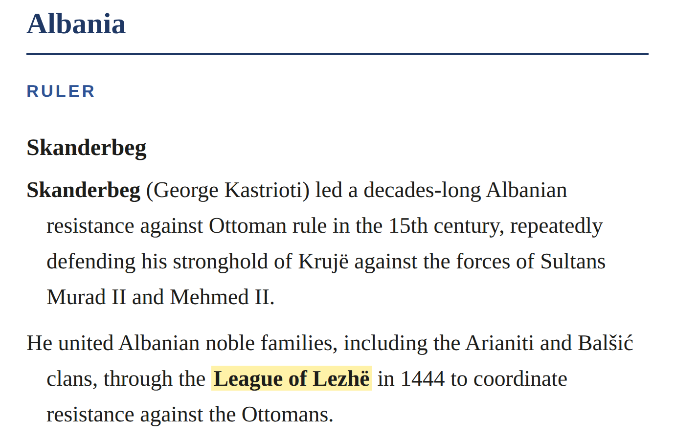 A page of the History study guide: the Medieval chapter, with Skanderbeg under Albania and the League of Lezhë highlighted.