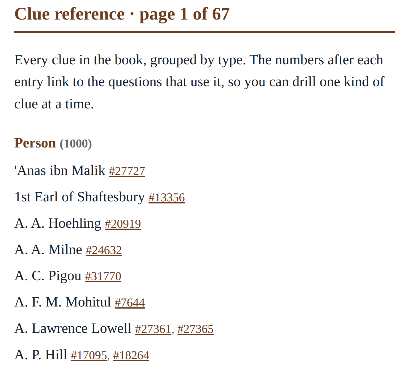 The clue reference from the History Bee, listing every clue grouped by feature type with the questions using it.