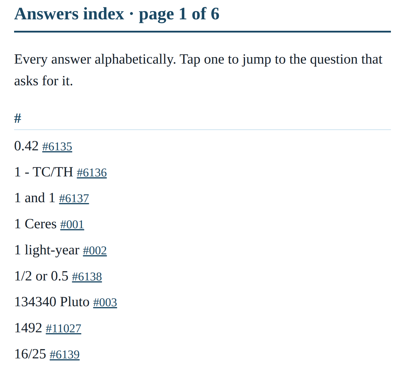 The answers index from the Science Bee, listing every answer alphabetically with question numbers.