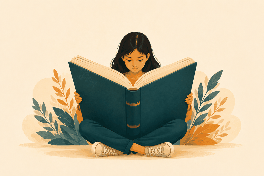 A girl sitting cross-legged, absorbed in a large open book.