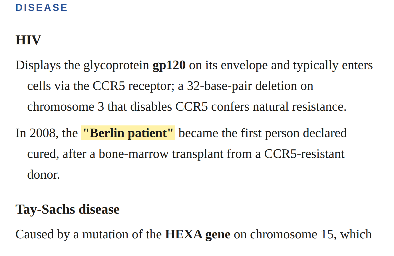 A page of the Science study guide: entries for HIV and Tay-Sachs disease, with the identifying detail in each one highlighted.