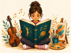 A girl reading, with a violin, an easel and a paint palette beside her.