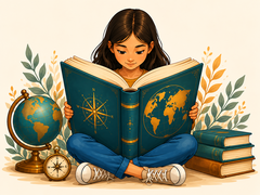 A girl reading an atlas, with a globe, a compass and books beside her.