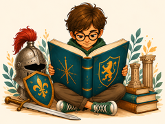 A boy reading a history book, with historical objects beside him.
