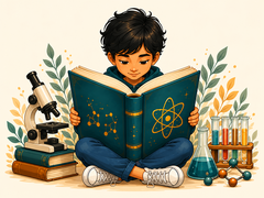A boy reading a science book, with laboratory objects beside him.